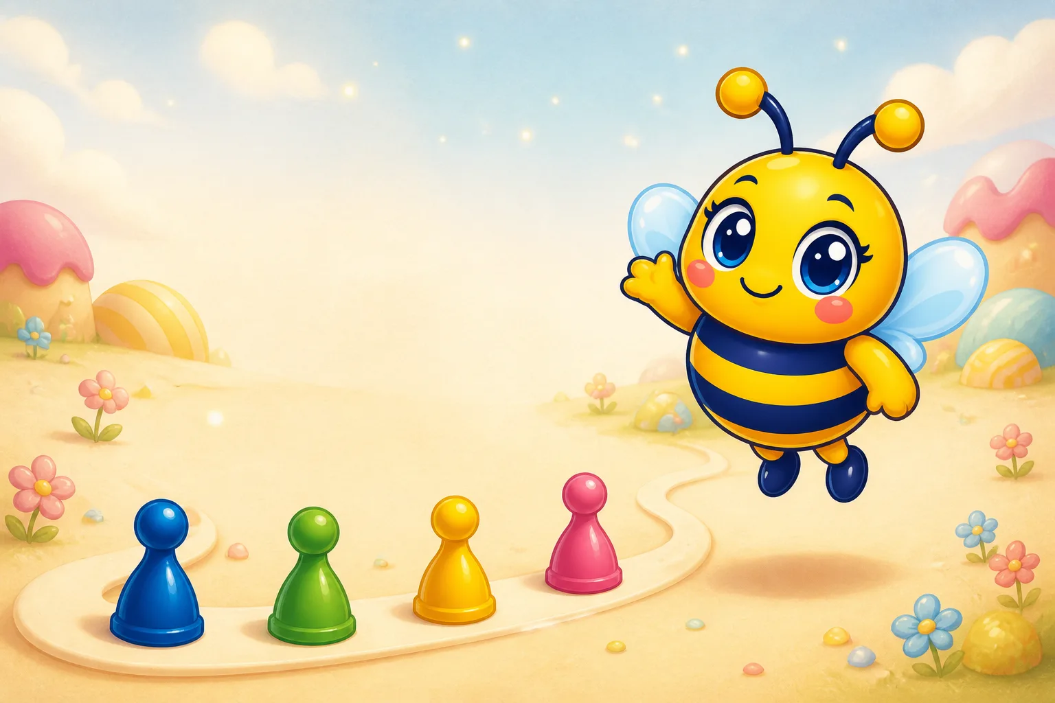 Bibi the bee flying over a sunny ludo board, the dice mid-roll